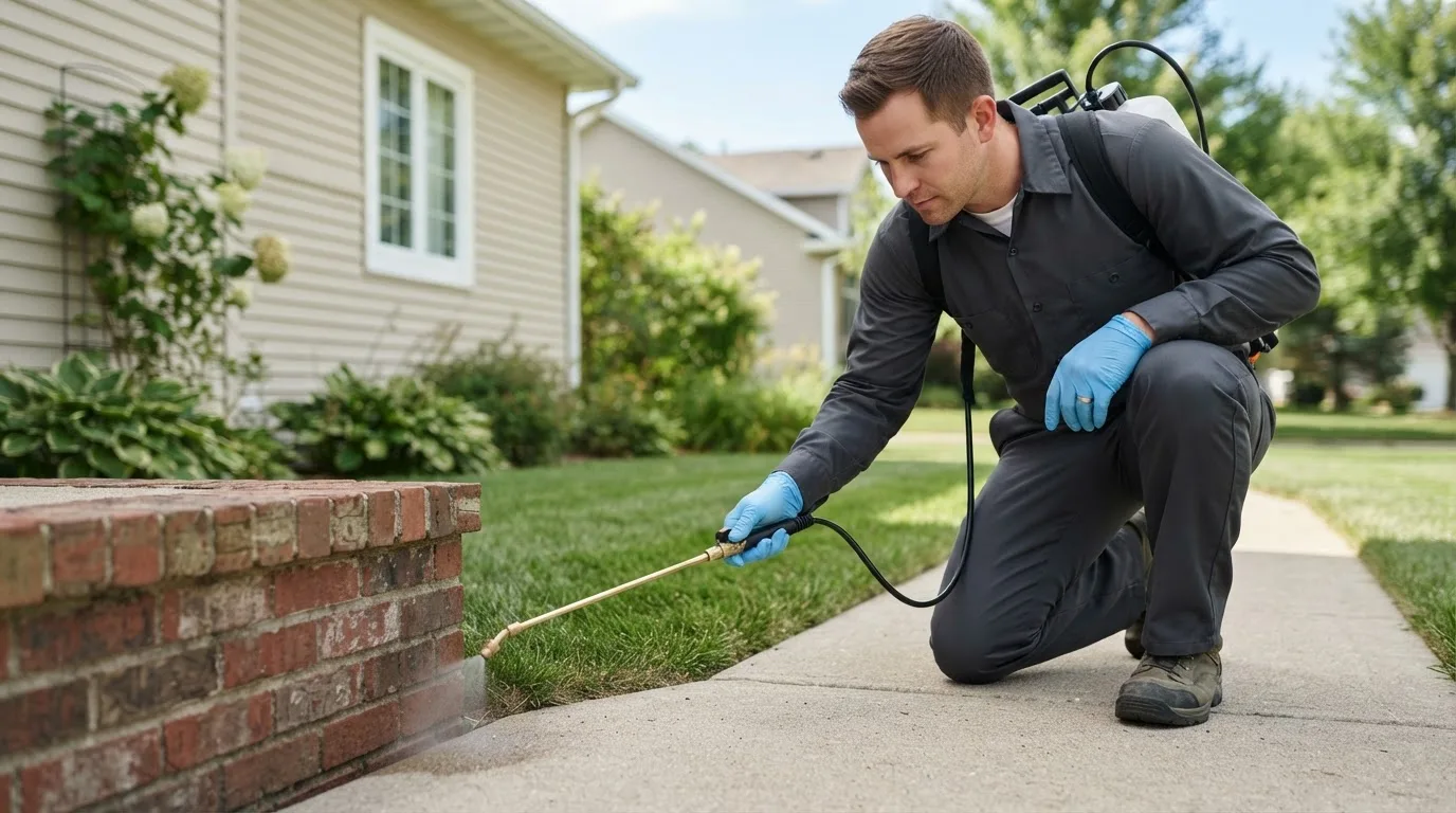 Pest control technician treating a home near Orangeville, UT